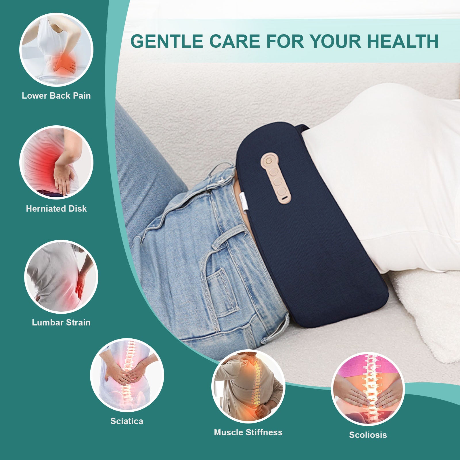 Smart Auto-Adjusting Heating Massager For Back Pain Relief, 4 Vibrations, 3 Modes, 3 Heat Levels, USB Rechargeable