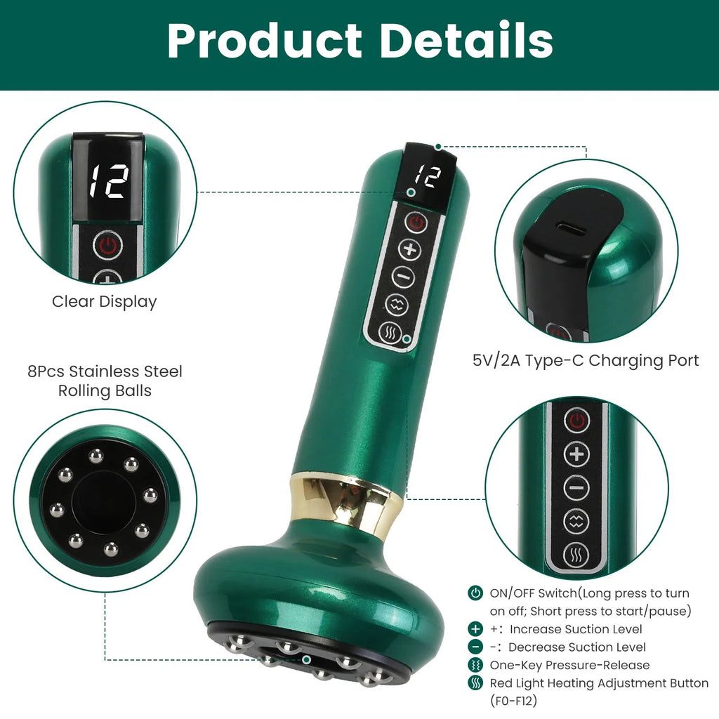 Anti Cellulite Massager Handheld Vacuum Suction Cupping Kit Beauty Tool With 12 Suction Mode 12 Heating 20Mins Auto-Off One-Key Pressure Release For Abdomen Thighs Buttocks Neck GPCT5424